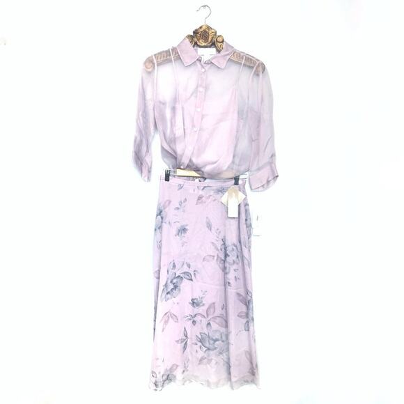 Jones NY Vintage 3pc Silk Set Lilac Sheer Top with Cami 12 Floral Midi Skirt 10P - Picture 1 of 13